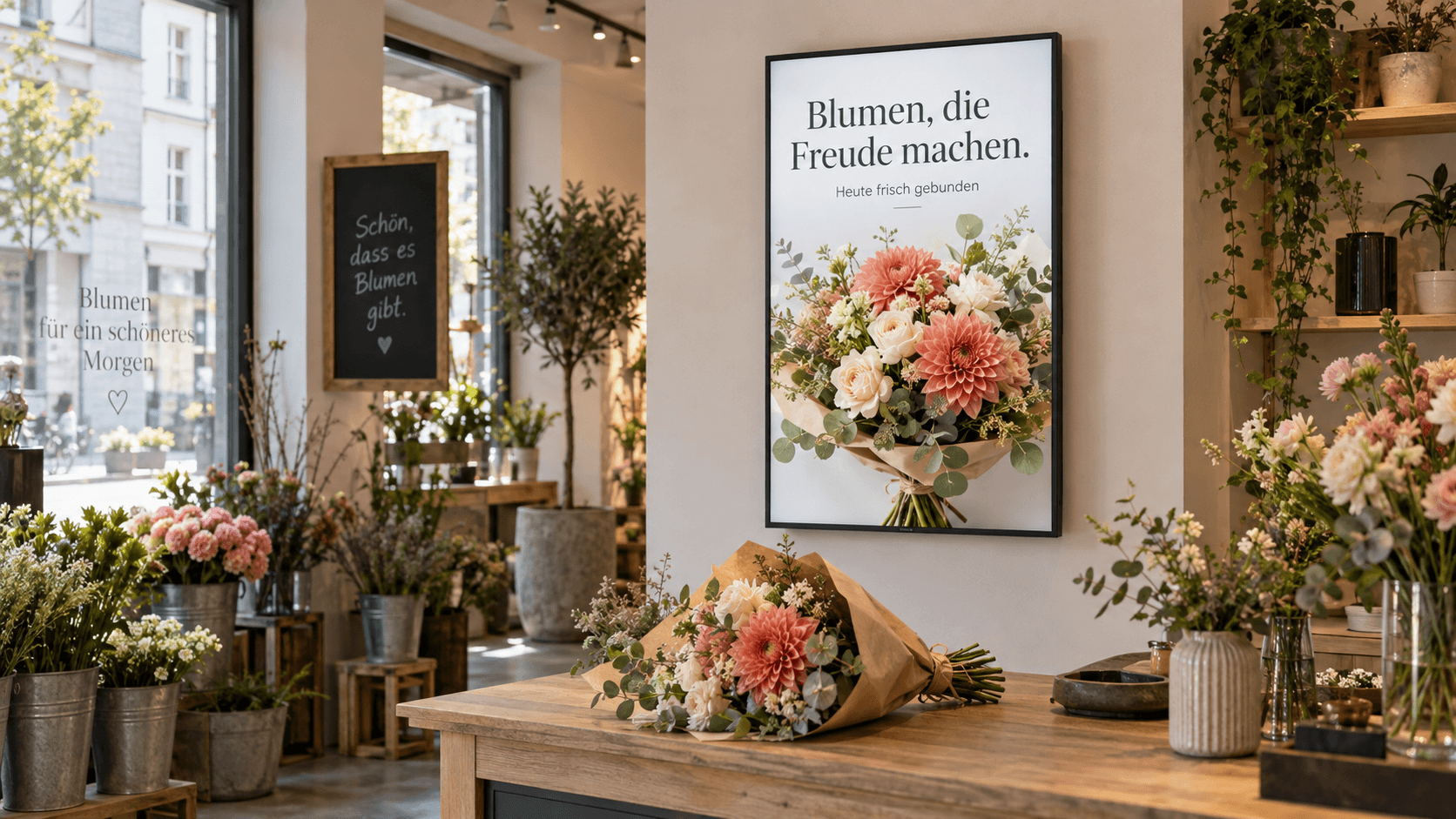 Visualisierung: Ein Blumenladen präsentiert einen saisonalen Strauss auf einem Hochformat-Bildschirm neben frischen Blumen.
