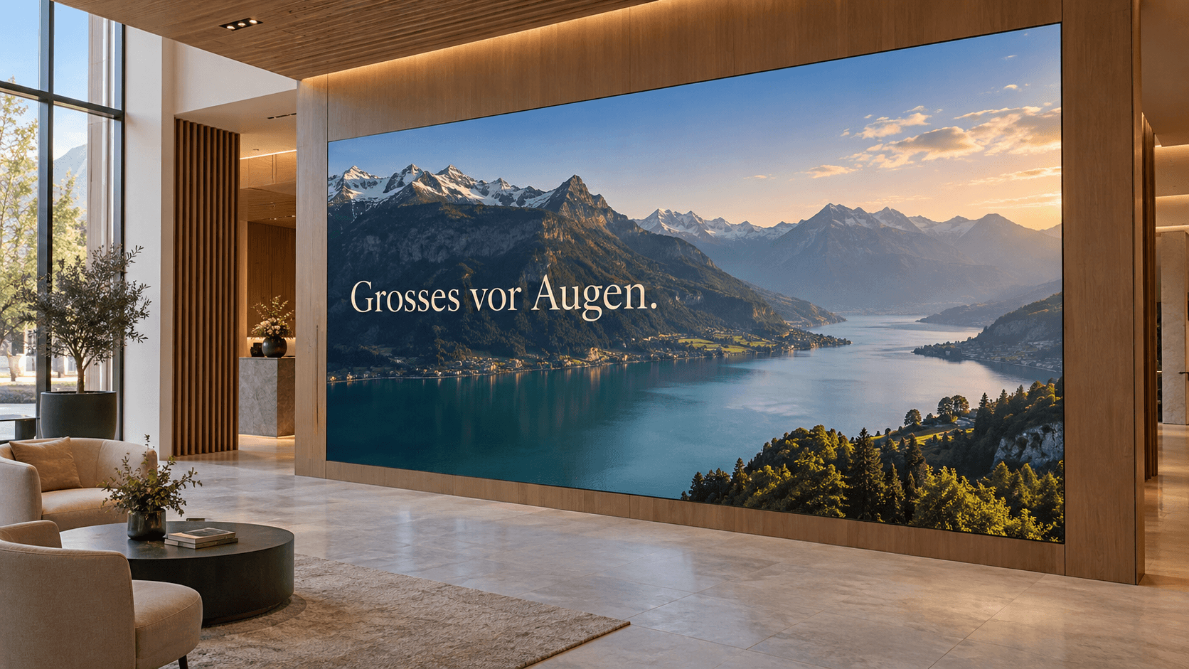 Visualisierung: Grossflächige, nahtlose LED-Wand mit einer Berglandschaft in einem Foyer.