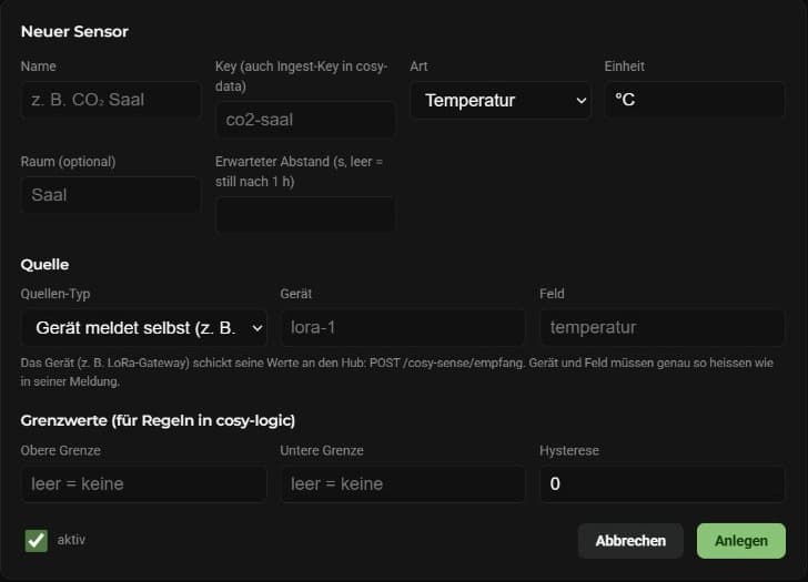 Originaler cosy-sense-Dialog für einen neuen Sensor mit meldendem Gerät als Quelle und einstellbaren Grenzwerten
